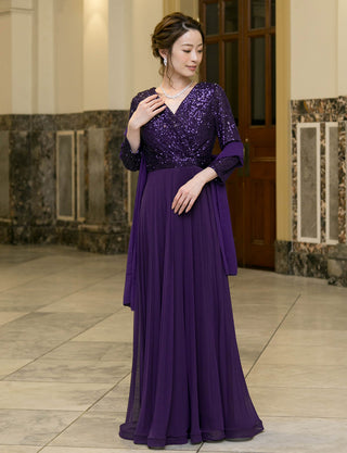 TWEED DRESS(ツイードドレス)のパープルロングドレス・チュール｜T-1771-PEの全身正面ストール着用画像です。