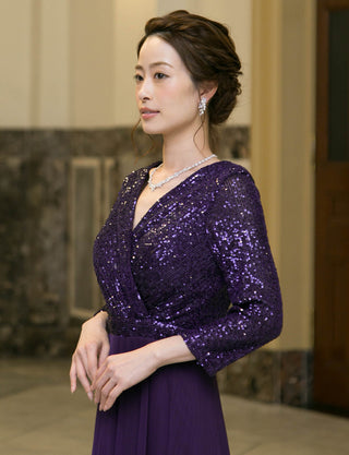 TWEED DRESS(ツイードドレス)のパープルロングドレス・チュール｜T-1771-PEの上半身斜め画像です。