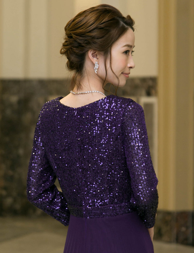 TWEED DRESS(ツイードドレス)のパープルロングドレス・チュール｜T-1771-PEの上半身背面画像です。