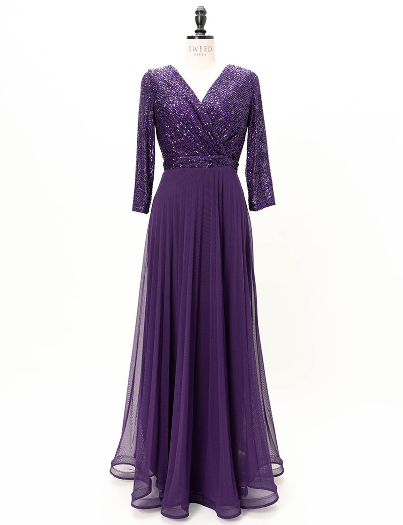 TWEED DRESS(ツイードドレス)のパープルロングドレス・チュール｜T-1771-PEのトルソー全身正面画像です。
