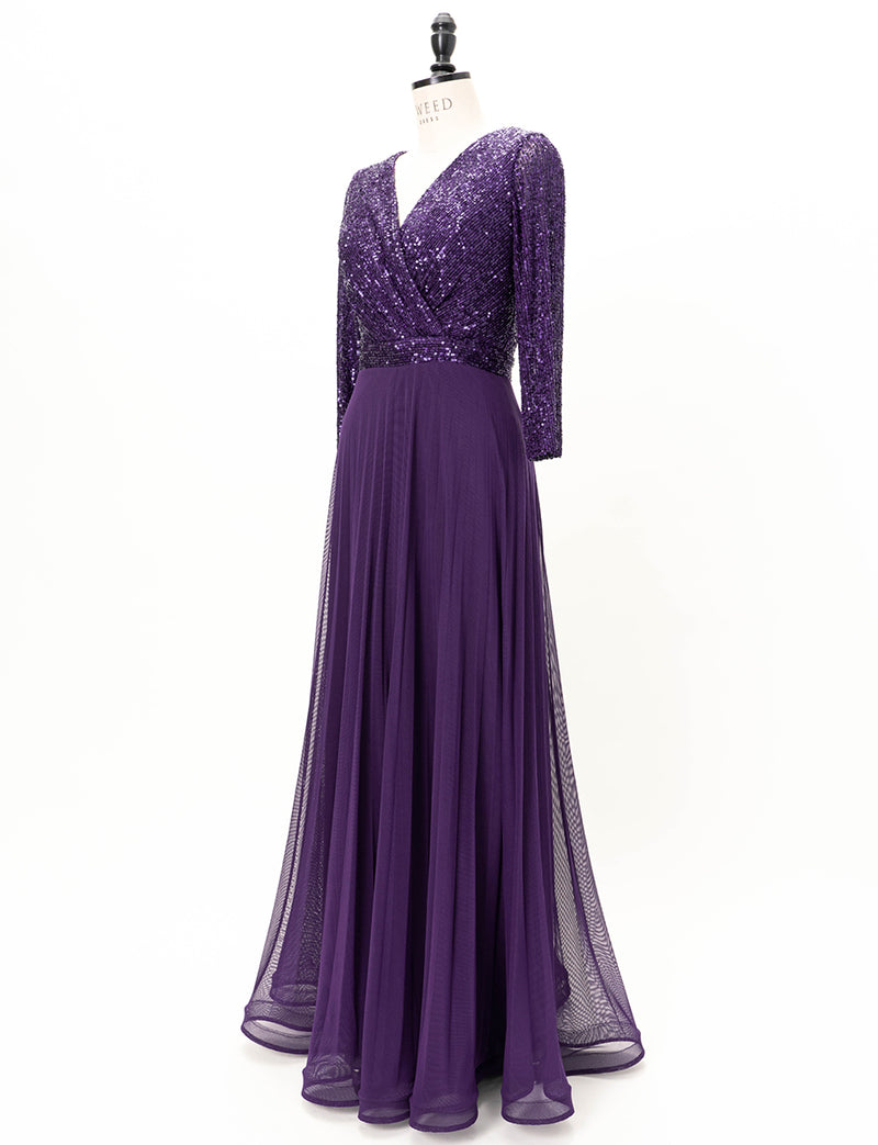 TWEED DRESS(ツイードドレス)のパープルロングドレス・チュール｜T-1771-PEのトルソー全身斜め画像です。