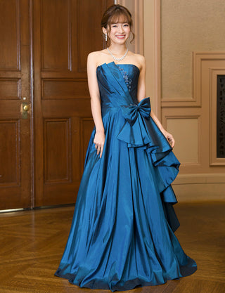 TWEED DRESS(ツイードドレス)のミッドナイトブルーロングドレス・タフタ｜TB1701-MBLの全身正面画像です。
