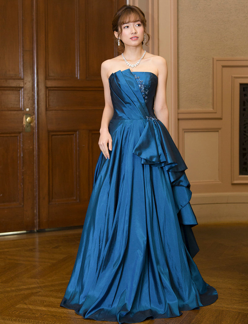 TWEED DRESS(ツイードドレス)のミッドナイトブルーロングドレス・タフタ｜TB1701-MBLの全身正面画像です。