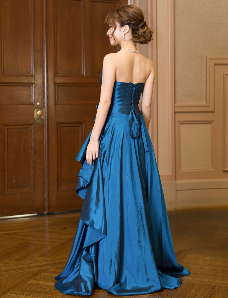 TWEED DRESS(ツイードドレス)のミッドナイトブルーロングドレス・タフタ｜TB1701-MBLの全身背面画像です。