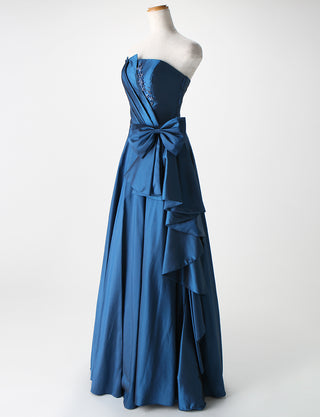 TWEED DRESS(ツイードドレス)のミッドナイトブルーロングドレス・タフタ｜TB1701-MBLのトルソー全身斜め画像です。