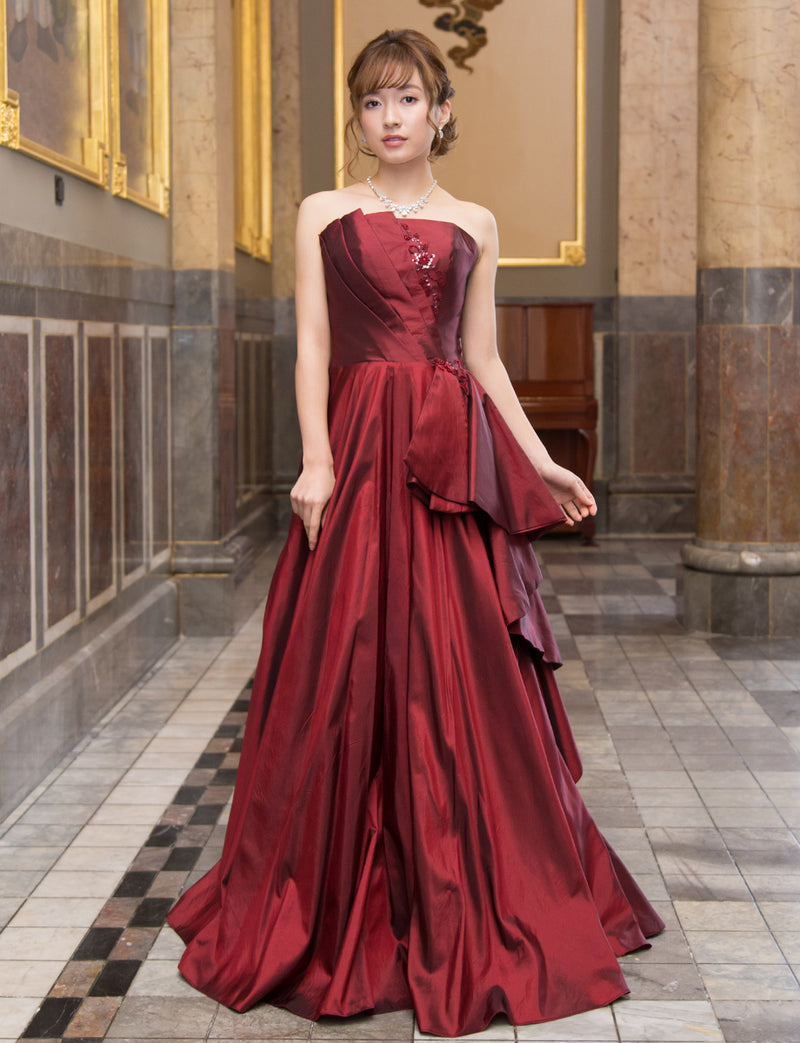 TWEED DRESS(ツイードドレス)のワインレッドロングドレス・タフタ｜TB1701-WRDの全身正面画像です。