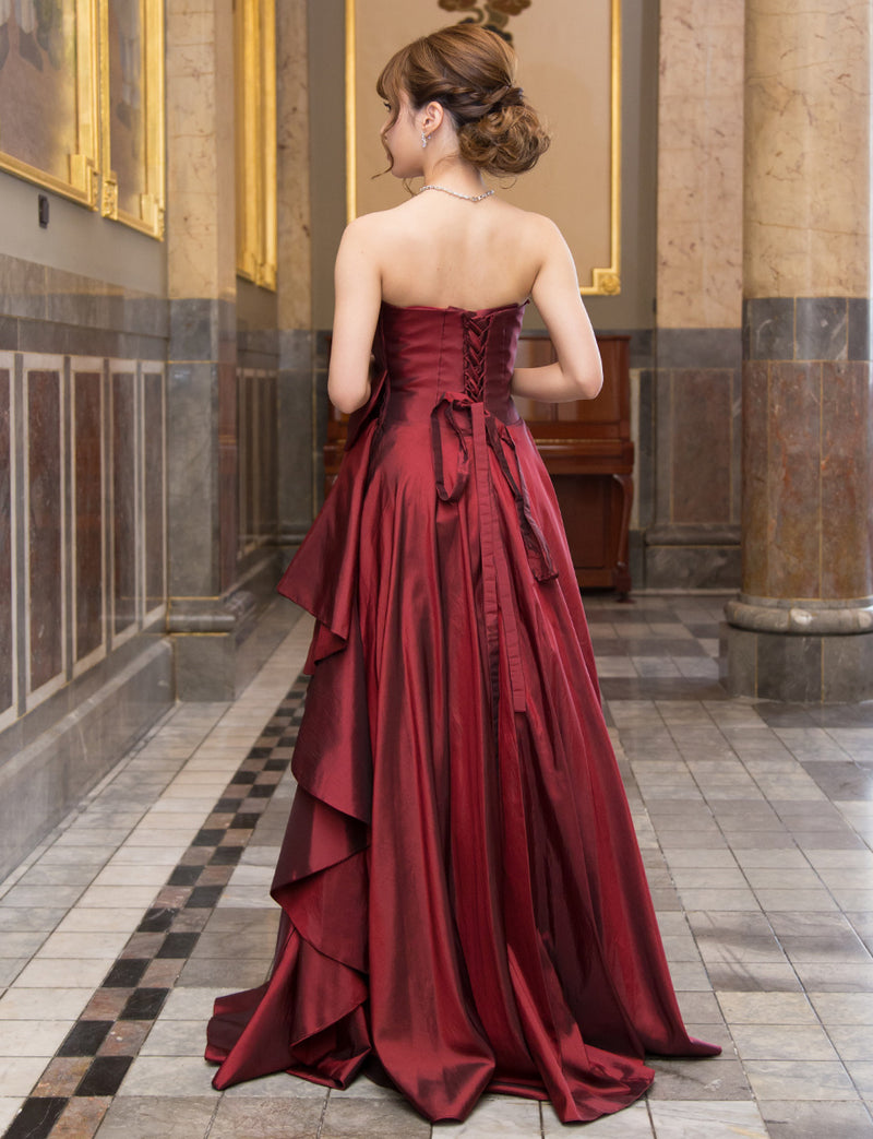TWEED DRESS(ツイードドレス)のワインレッドロングドレス・タフタ｜TB1701-WRDの全身背面画像です。