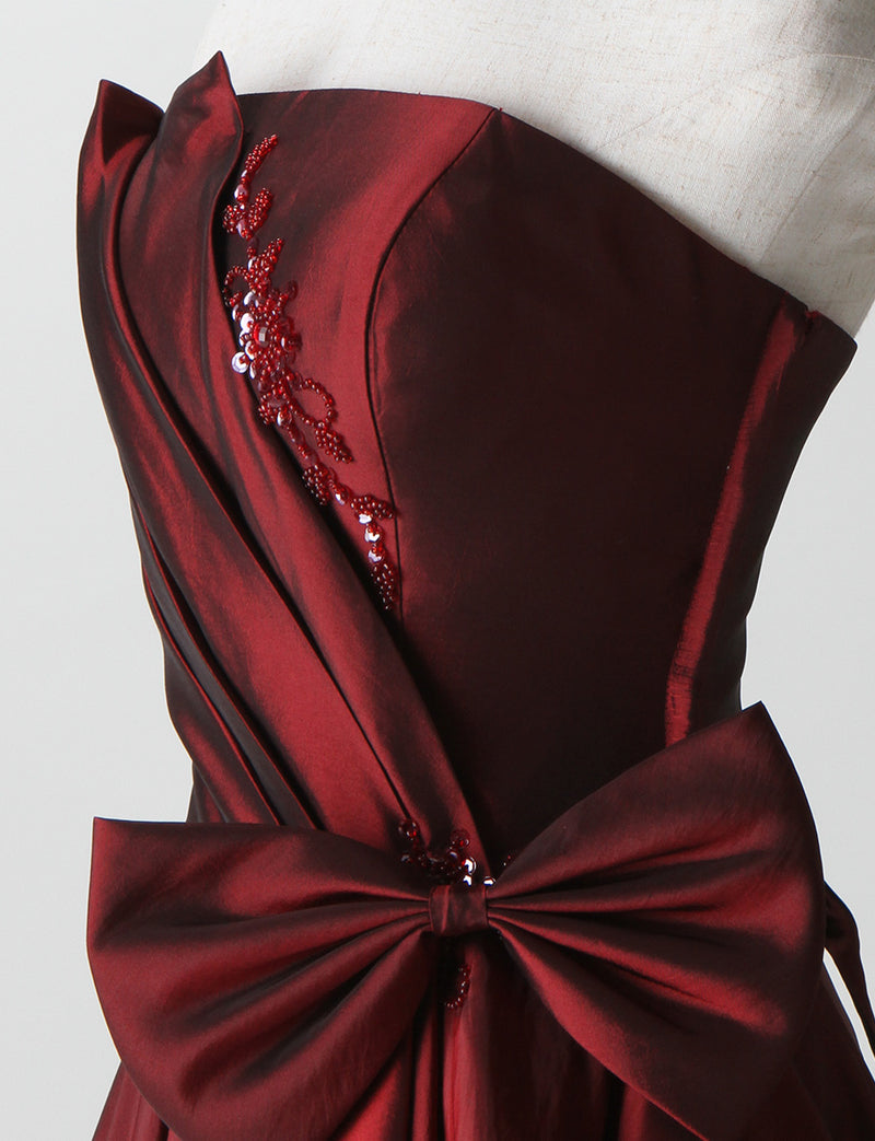 TWEED DRESS(ツイードドレス)のワインレッドロングドレス・タフタ｜TB1701-WRDのトルソー上半身斜め画像です。