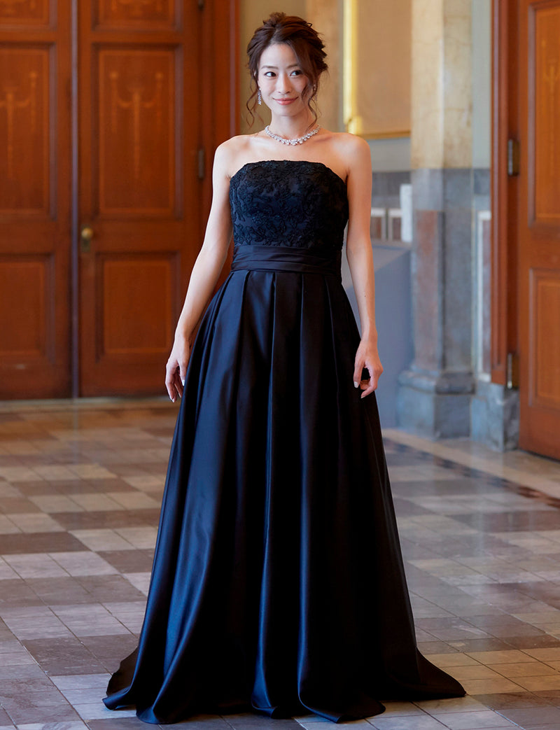 TWEED DRESS(ツイードドレス)のブラックロングドレス・サテン｜TB1702-BKの全身正面画像です。