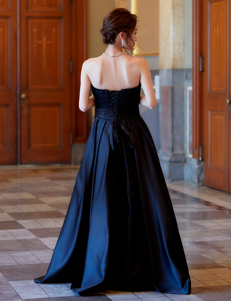 TWEED DRESS(ツイードドレス)のブラックロングドレス・サテン｜TB1702-BKの全身背面画像です。