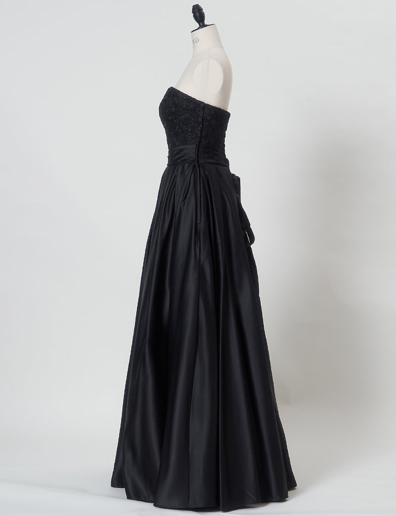 TWEED DRESS(ツイードドレス)のブラックロングドレス・サテン｜TB1702-BKのトルソー全身側面画像です。