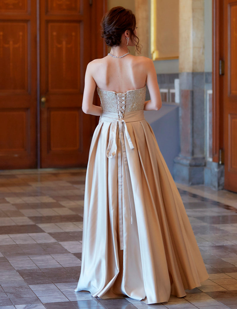 TWEED DRESS(ツイードドレス)のシャンパンゴールドロングドレス・サテン｜TB1702-CGDの全身背面画像です。
