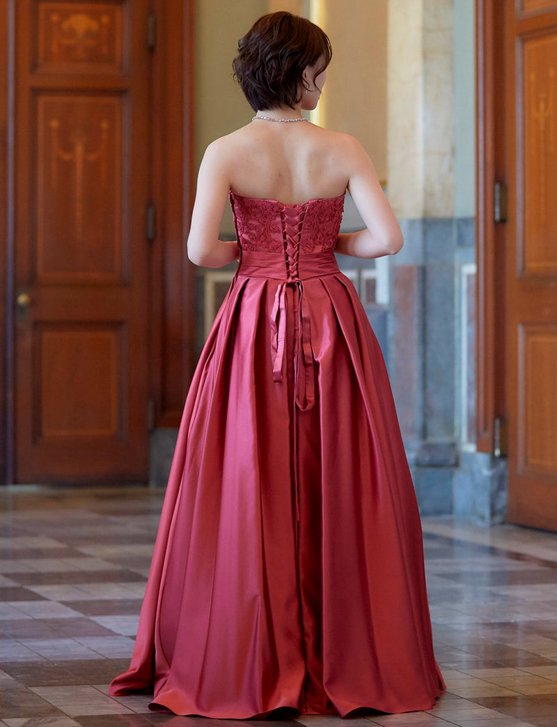 TWEED DRESS(ツイードドレス)のピンクローズロングドレス・サテン｜TB1702-PKRの全身背面画像です。