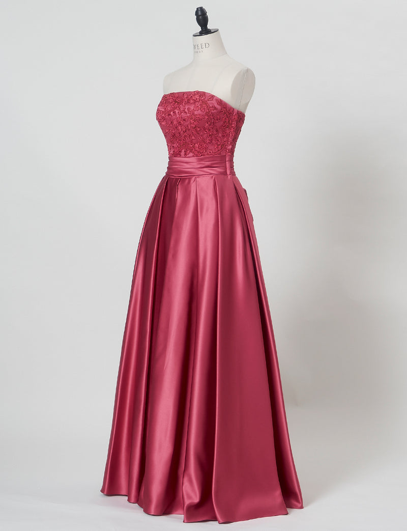 TWEED DRESS(ツイードドレス)のピンクローズロングドレス・サテン｜TB1702-PKRのトルソー全身斜め画像です。