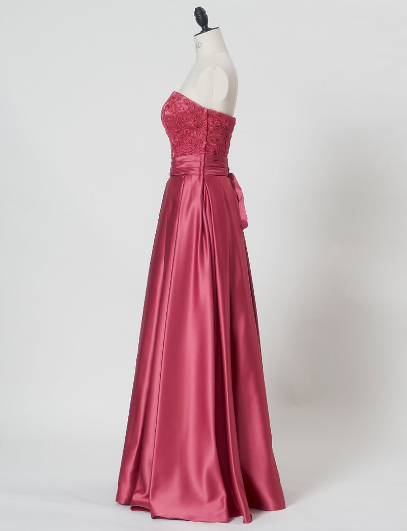 TWEED DRESS(ツイードドレス)のピンクローズロングドレス・サテン｜TB1702-PKRのトルソー全身側面画像です。
