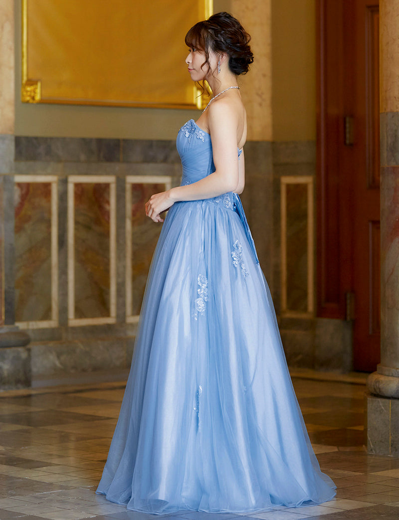 TWEED DRESS(ツイードドレス)のブルーグレーロングドレス・チュール｜TB1703-BLGYの全身側面画像です。