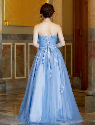 TWEED DRESS(ツイードドレス)のブルーグレーロングドレス・チュール｜TB1703-BLGYの全身背面画像です。