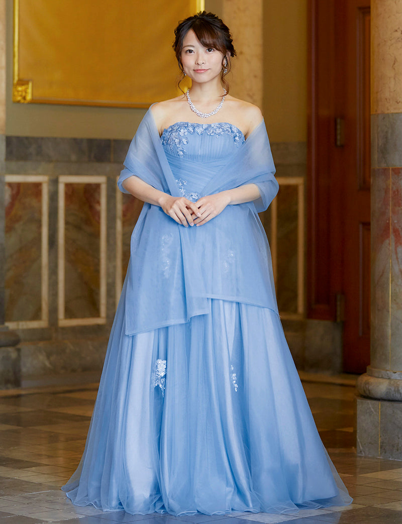 TWEED DRESS(ツイードドレス)のブルーグレーロングドレス・チュール｜TB1703-BLGYの全身正面ストール着用画像です。