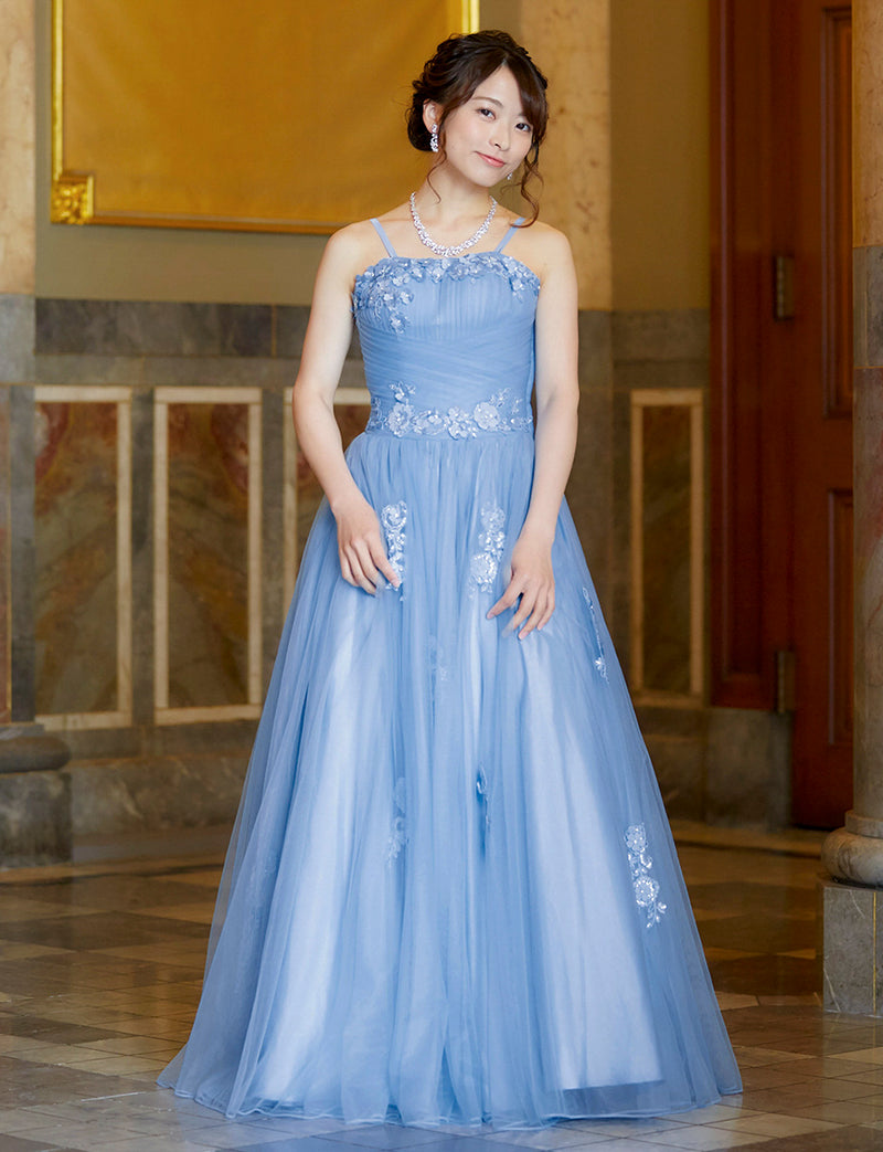 TWEED DRESS(ツイードドレス)のブルーグレーロングドレス・チュール｜TB1703-BLGYの全身正面ストラップ着用画像です。