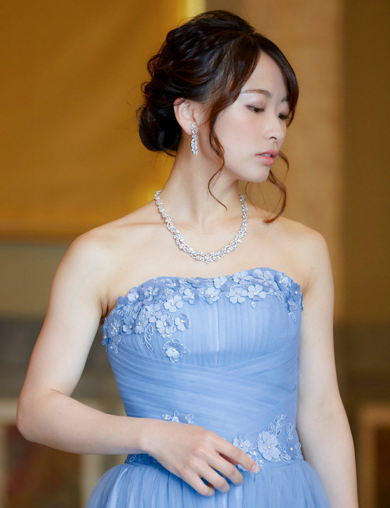 TWEED DRESS(ツイードドレス)のブルーグレーロングドレス・チュール｜TB1703-BLGYの上半身正面画像です。