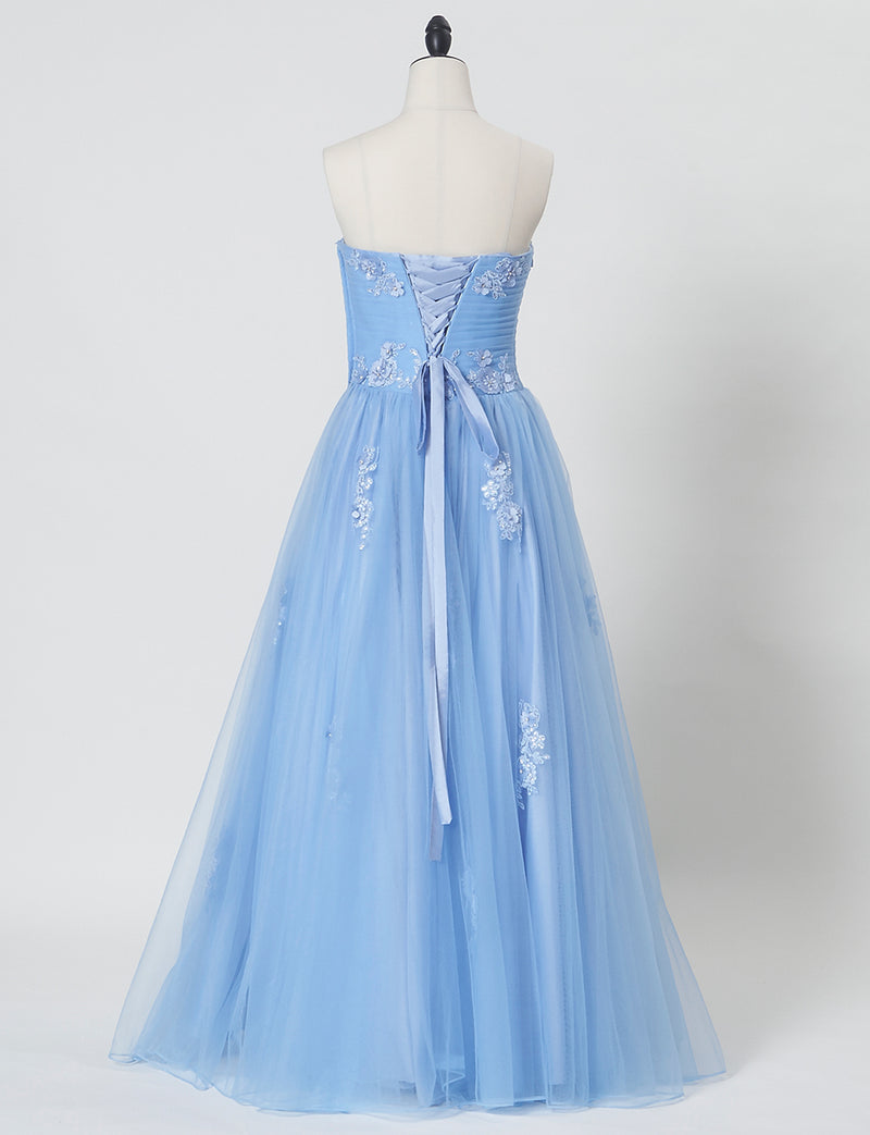 TWEED DRESS(ツイードドレス)のブルーグレーロングドレス・チュール｜TB1703-BLGYのトルソー全身背面画像です。