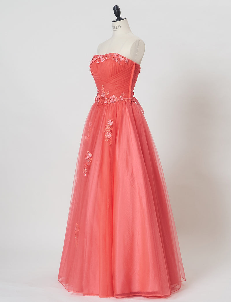 TWEED DRESS(ツイードドレス)のコーラルピンクロングドレス・チュール｜TB1703-CPKのトルソー全身斜め画像です。