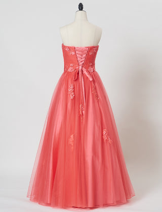 TWEED DRESS(ツイードドレス)のコーラルピンクロングドレス・チュール｜TB1703-CPKのトルソー全身背面画像です。
