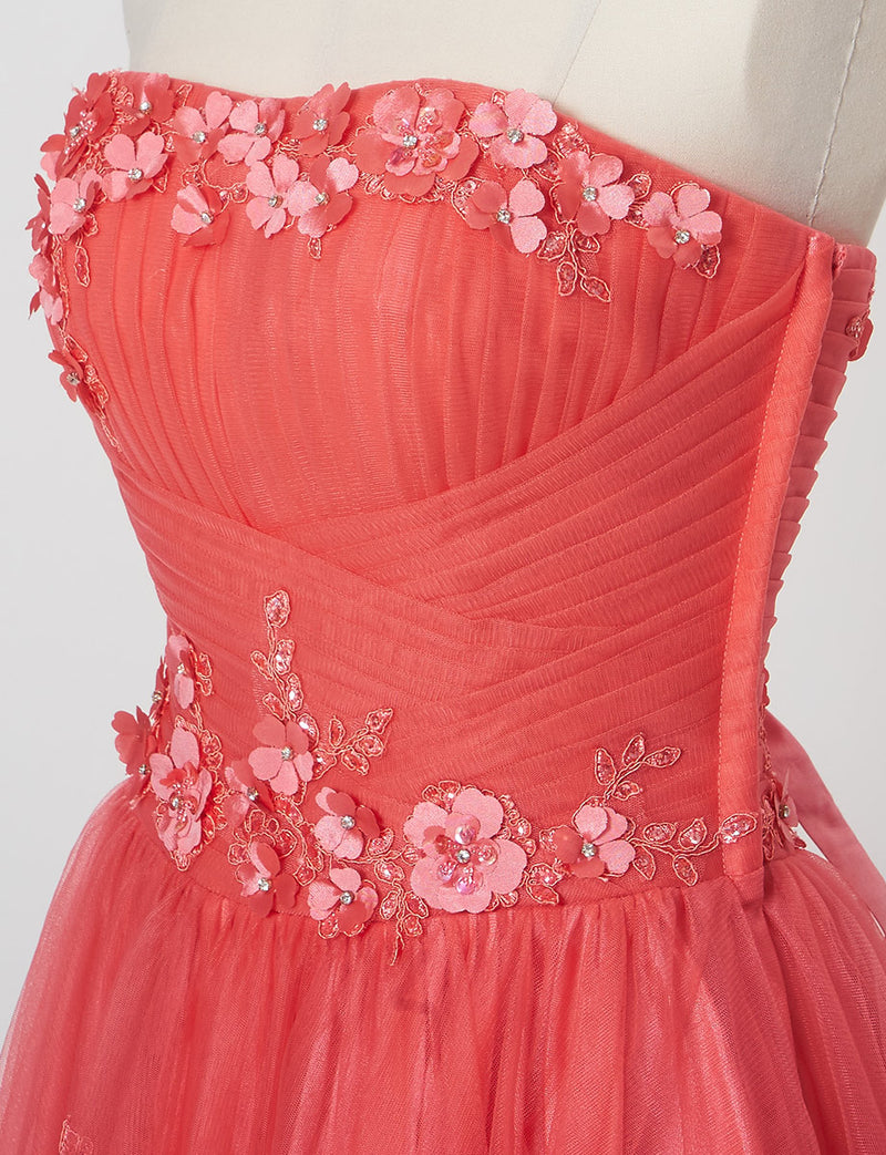 TWEED DRESS(ツイードドレス)のコーラルピンクロングドレス・チュール｜TB1703-CPKのトルソー上半身斜め画像です。