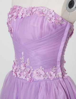 TWEED DRESS(ツイードドレス)のペールラベンダーロングドレス・チュール｜TB1703-PLVのトルソー上半身斜め画像です。