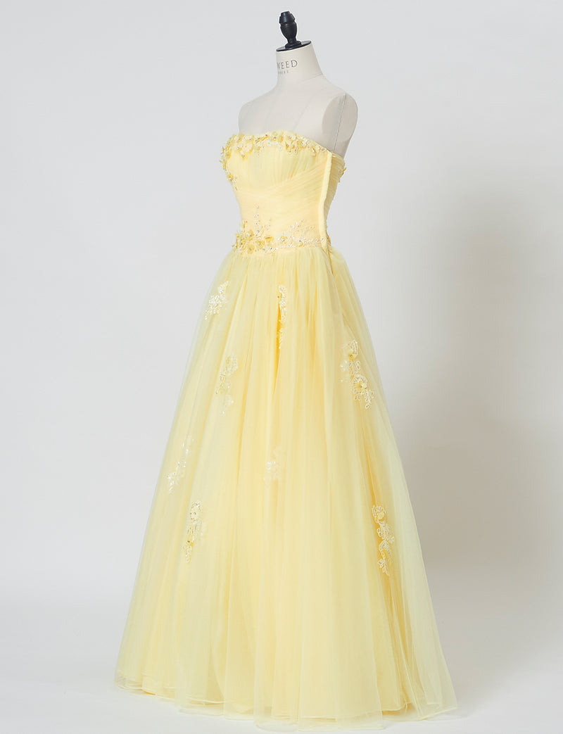 TWEED DRESS(ツイードドレス)のペールイエローロングドレス・チュール｜TB1703-PYWのトルソー全身斜め画像です。