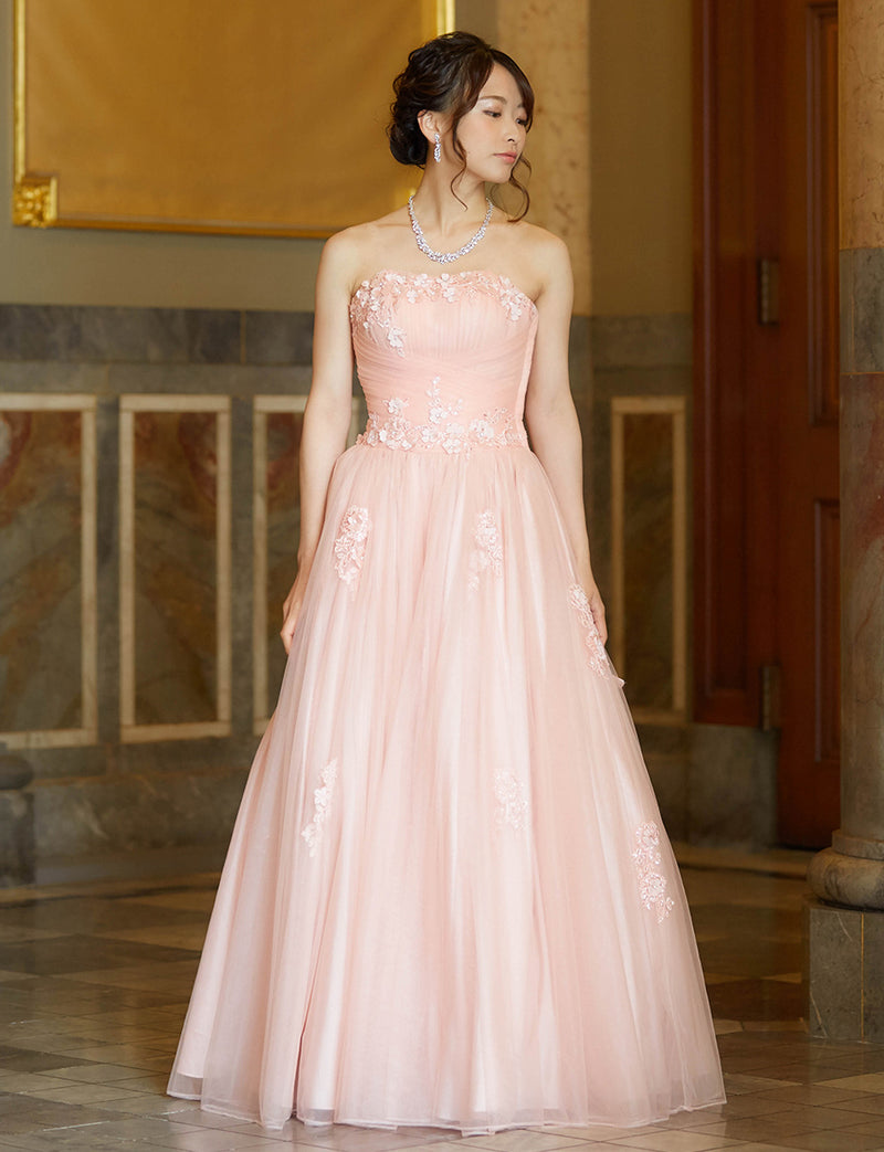 TWEED DRESS(ツイードドレス)のシェルピンクロングドレス・チュール｜TB1703-SHPKの全身正面画像です。