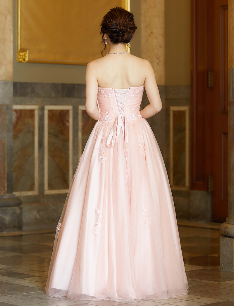 TWEED DRESS(ツイードドレス)のシェルピンクロングドレス・チュール｜TB1703-SHPKの全身背面画像です。