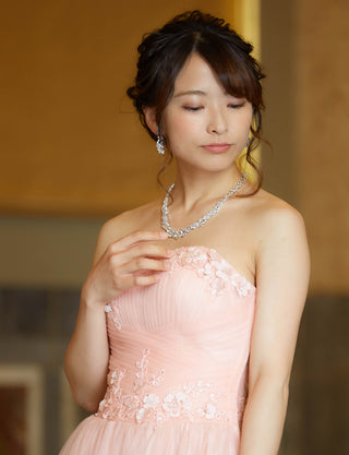 TWEED DRESS(ツイードドレス)のシェルピンクロングドレス・チュール｜TB1703-SHPKの上半身斜め画像です。