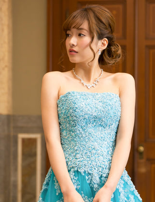 TWEED DRESS(ツイードドレス)のアクアブルーロングドレス・チュール｜TB1714-ABLの上半身正面画像です。