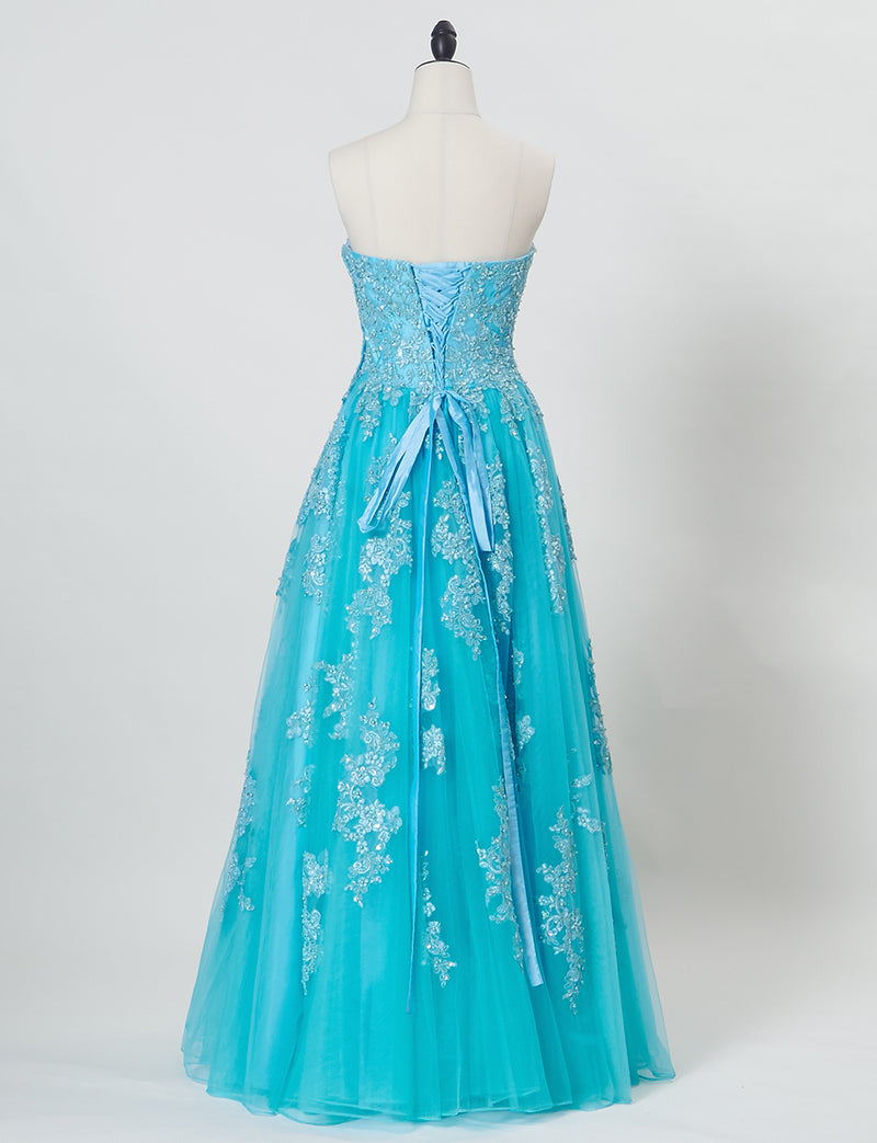 TWEED DRESS(ツイードドレス)のアクアブルーロングドレス・チュール｜TB1714-ABLのトルソー全身背面画像です。