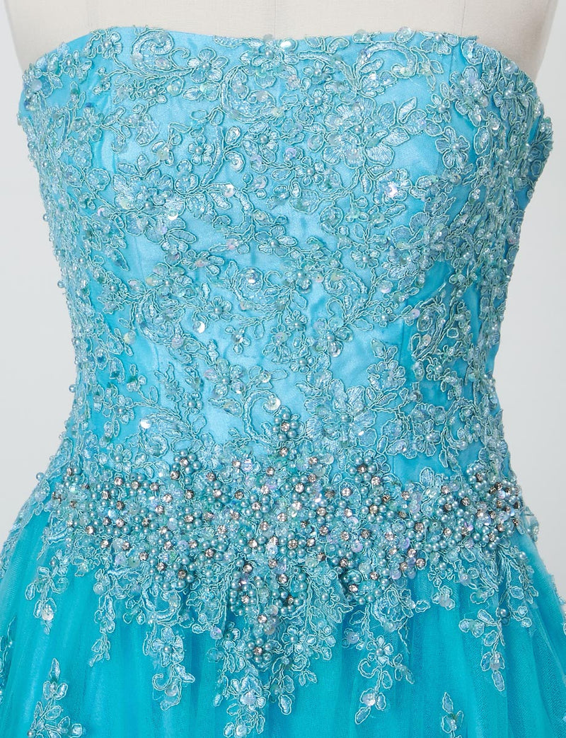 TWEED DRESS(ツイードドレス)のアクアブルーロングドレス・チュール｜TB1714-ABLのトルソー上半身正面画像です。