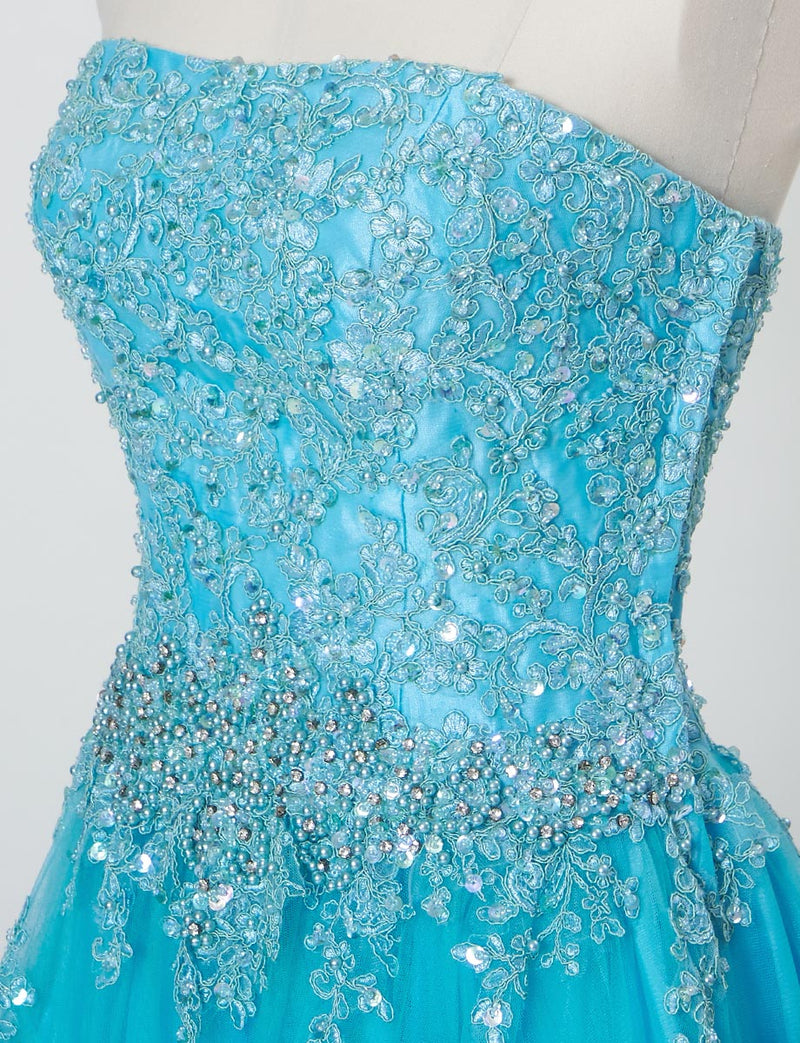 TWEED DRESS(ツイードドレス)のアクアブルーロングドレス・チュール｜TB1714-ABLのトルソー上半身斜め画像です。