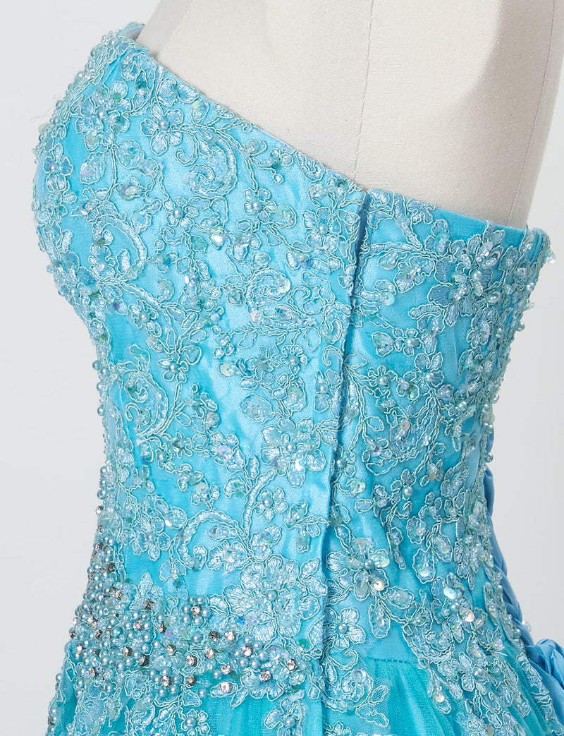 TWEED DRESS(ツイードドレス)のアクアブルーロングドレス・チュール｜TB1714-ABLのトルソー上半身側面画像です。