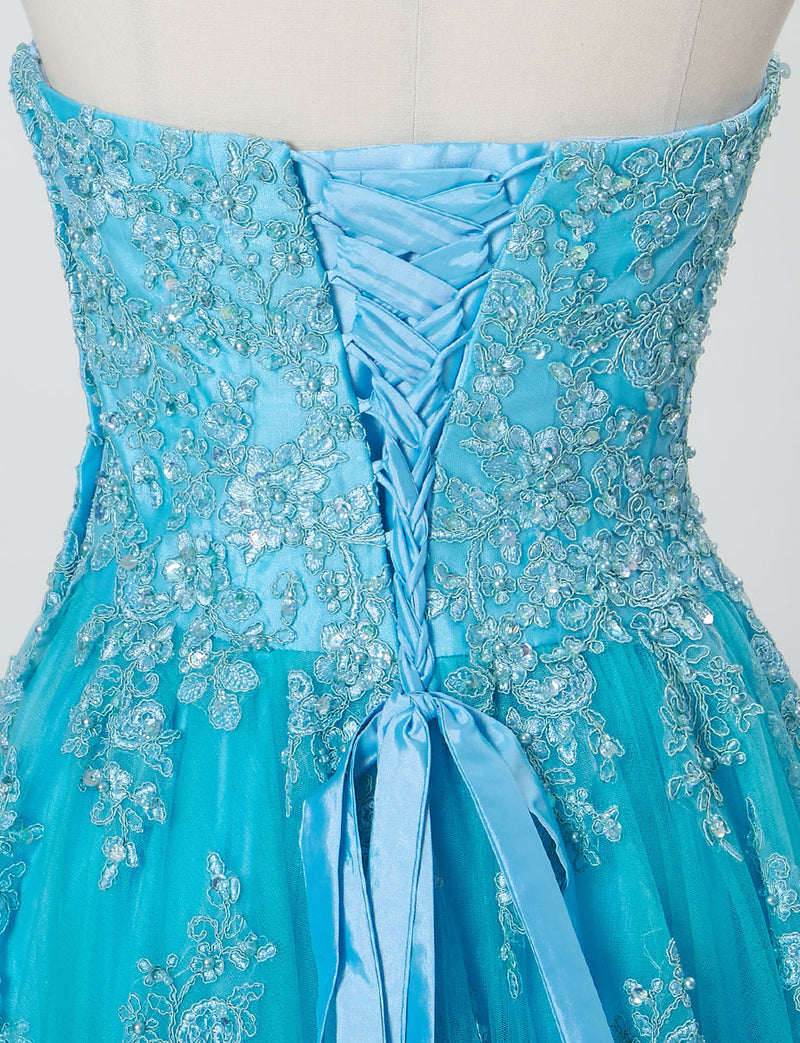 TWEED DRESS(ツイードドレス)のアクアブルーロングドレス・チュール｜TB1714-ABLのトルソー上半身背面画像です。