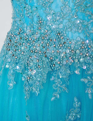 TWEED DRESS(ツイードドレス)のアクアブルーロングドレス・チュール｜TB1714-ABLのウエストビジュ装飾拡大画像です。