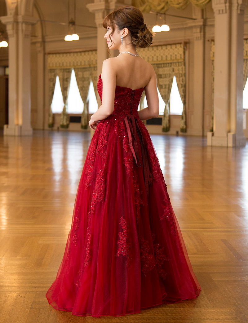 TWEED DRESS(ツイードドレス)のアッシュレッドロングドレス・チュール｜TB1714-ARDの全身背面画像です。