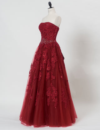 TWEED DRESS(ツイードドレス)のアッシュレッドロングドレス・チュール｜TB1714-ARDのトルソー全身斜め画像です。
