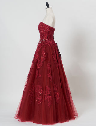 TWEED DRESS(ツイードドレス)のアッシュレッドロングドレス・チュール｜TB1714-ARDのトルソー全身側面画像です。