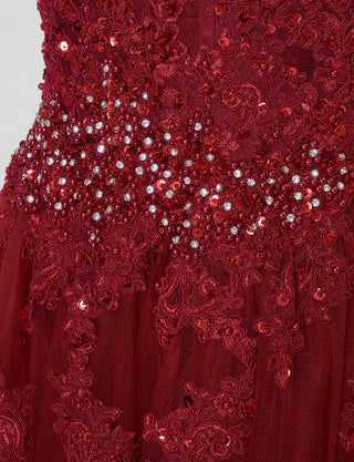 TWEED DRESS(ツイードドレス)のアッシュレッドロングドレス・チュール｜TB1714-ARDのウエストビジュ装飾拡大画像です。