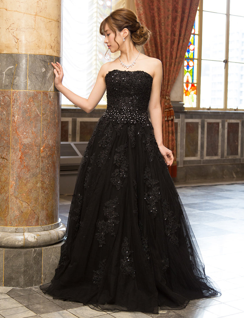 TWEED DRESS(ツイードドレス)のブラックロングドレス・チュール｜TB1714-BKの全身正面画像です。