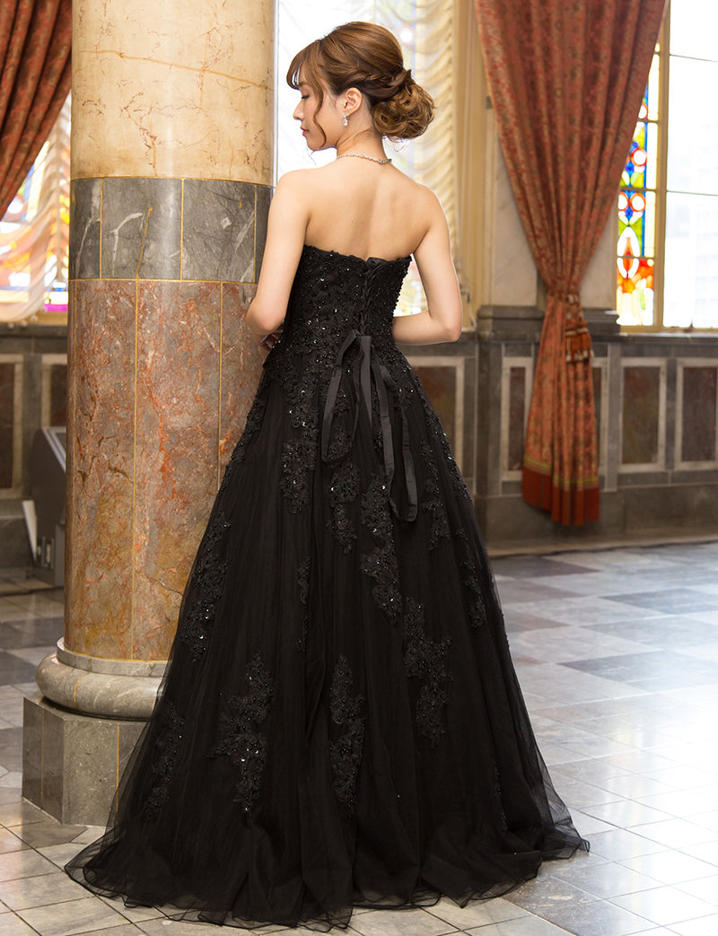 TWEED DRESS(ツイードドレス)のブラックロングドレス・チュール｜TB1714-BKの全身背面画像です。