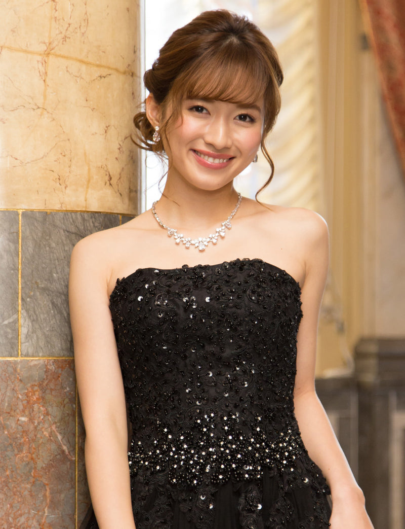TWEED DRESS(ツイードドレス)のブラックロングドレス・チュール｜TB1714-BKの上半身正面画像です。