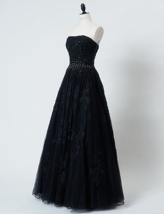 TWEED DRESS(ツイードドレス)のブラックロングドレス・チュール｜TB1714-BKのトルソー全身斜め画像です。