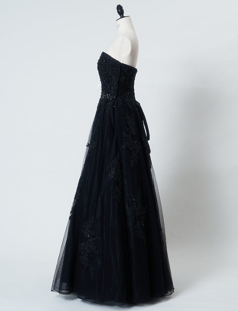TWEED DRESS(ツイードドレス)のブラックロングドレス・チュール｜TB1714-BKのトルソー全身側面画像です。