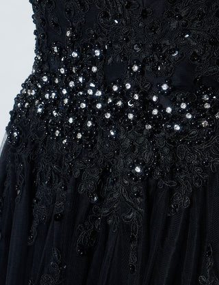 TWEED DRESS(ツイードドレス)のブラックロングドレス・チュール｜TB1714-BKのウエストビジュ装飾拡大画像です。